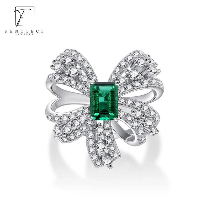 

FENTTECI 925 Sterling Silver Domestic Retro Emerald Gemstone Bow Ring Necklace Luxury Jewelry Simulation Diamond Finger Ring