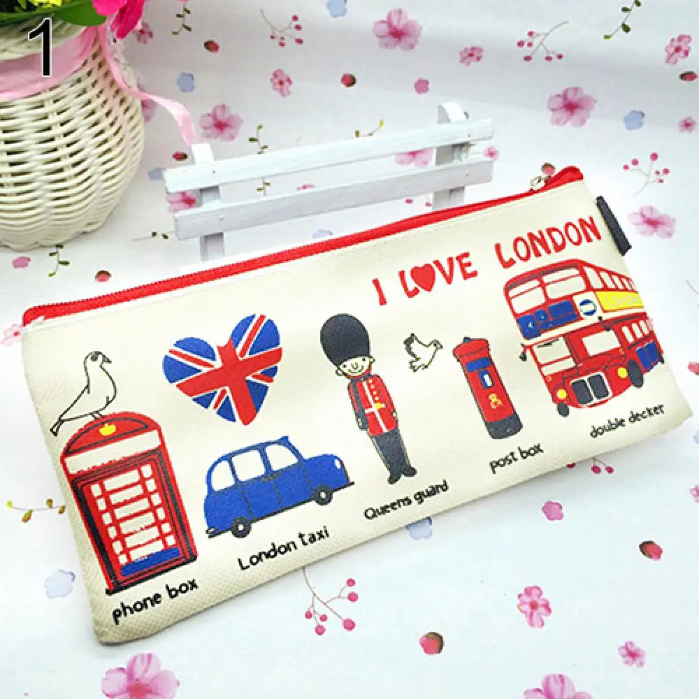 Students Pencil Bag Cartoon Kids Pen Case London Style Girls Cosmetic Pouch Coin Purse Zipper Makeup Bag Stationery Organizer