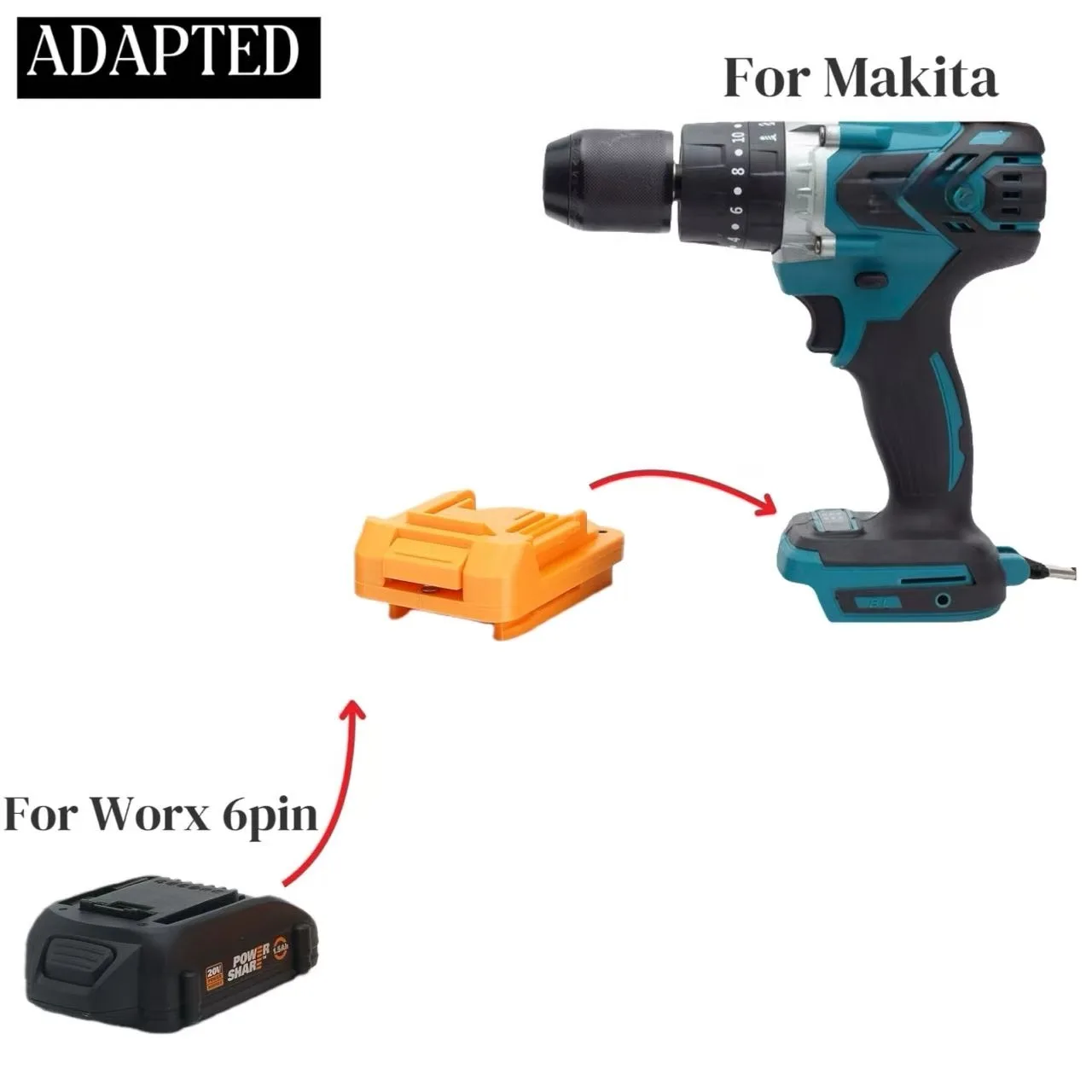 

Converter Battery Adapter For WORX 20V 6PIN Li-Ion To For Makita 18V Series Tools Newr(Not include tools and battery)