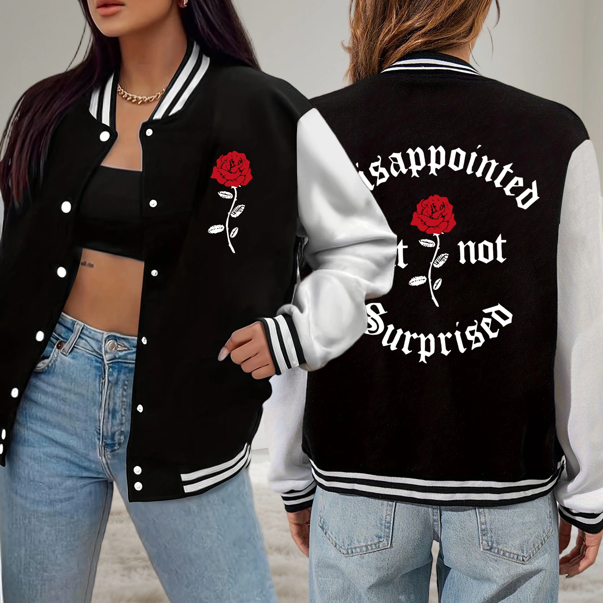 

Disappointed But Not Surprised Rose Flower Pattern Women Jackets Sport Fleece Baseball Uniform Woman Loose All-Match Clothes