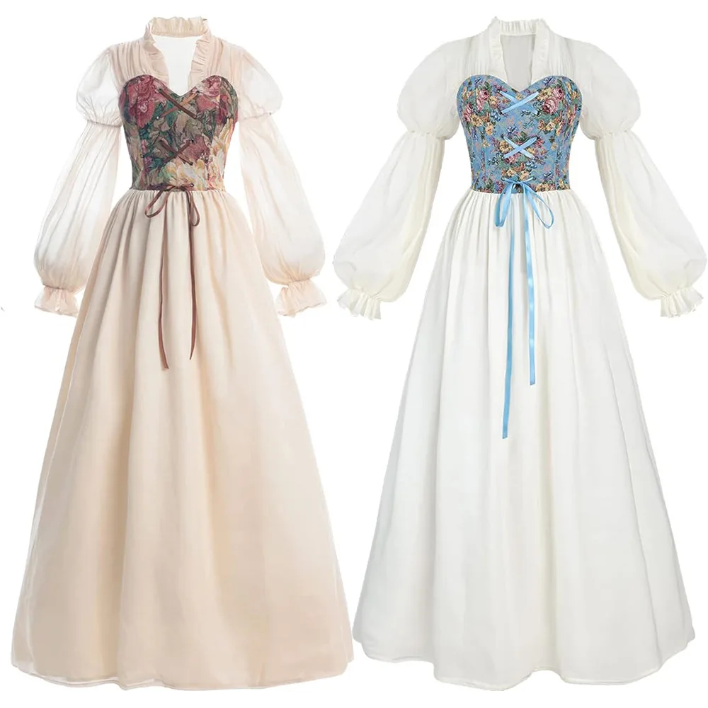 Renaissance Jurken, Dames Middeleeuwse Kostuums, Zomer Vintage Elegante Korte Mouw O-hals Zak