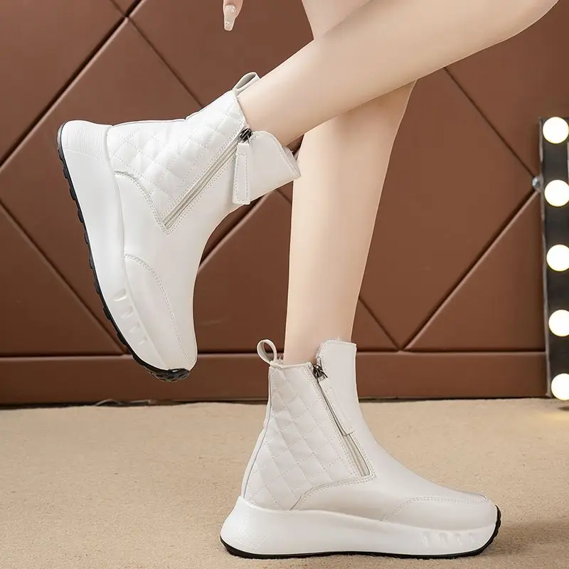 White Round Toe Work Korean Style With Zipper Woman Shoes Trend 2025 Hot Boot High Quality Footwear Goth Snow Boots for Women