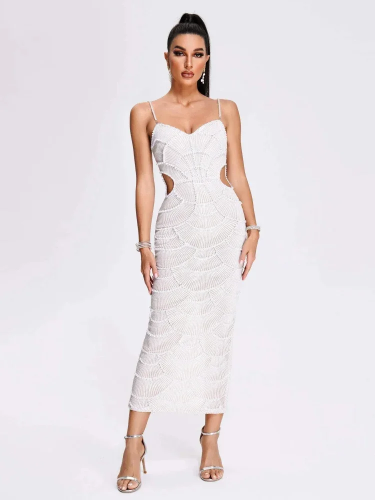 

JOJO Sexy Pearl Straps Beading Sequins Long Dress Women Sleeveless Beige Beaded Cut Out Slim Elegant Evening Party Gowns