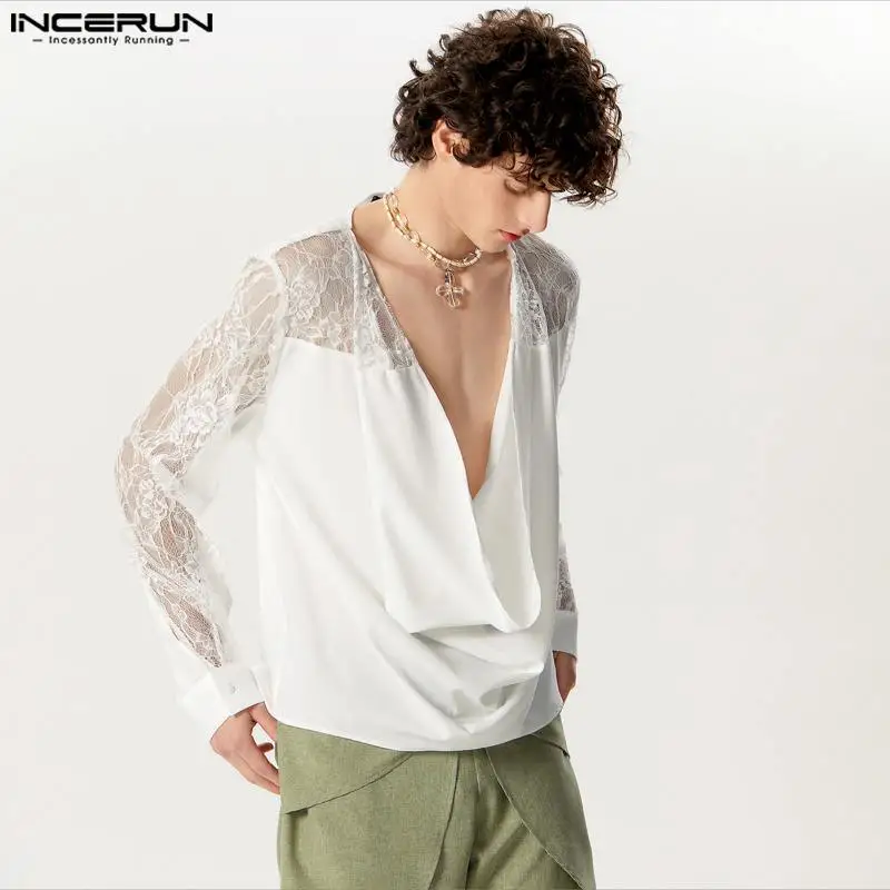 INCERUN-Chemise en dentelle à manches longues pour hommes, chemise transparente, patchwork, col en V, streetwear sexy, chemises décontractées, vêtements pour hommes, adt, mode 2024