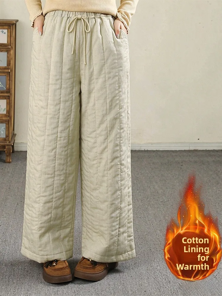 Authentic Winter 2026 Women's High Waist Wide Leg Pants Straight Cut Elastic Waist Quilted Cotton Trousers Casual Warm Style