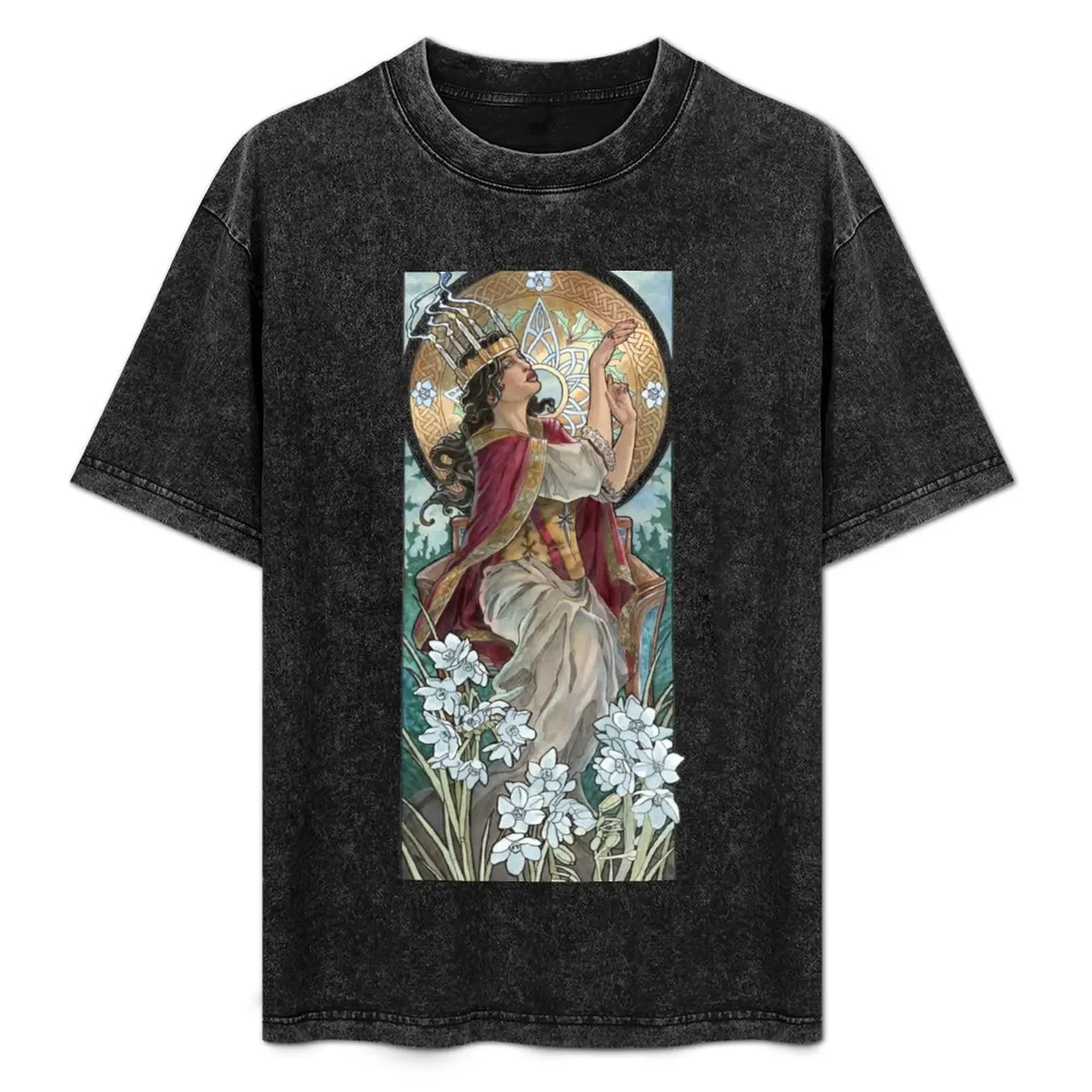 Lady of December with White Narcissus and Saint Lucy Candle Crown Goddess Mucha Inspired Birthstone Series T-Shirt