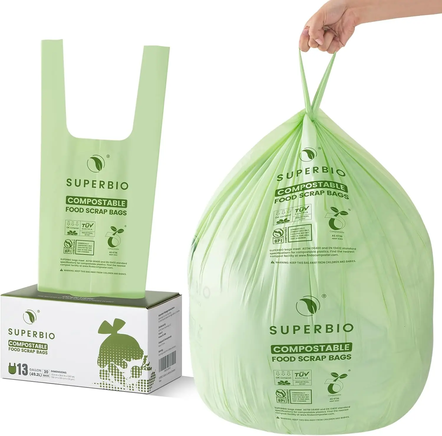 

Compostable Kitchen Waste Bags with Handles, 13 Gallon Food Scrap Bags for Trash Disposal, 30 Count