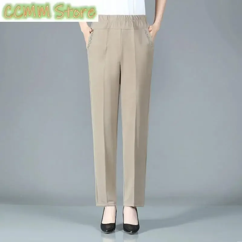 New Summer Ice Silk Mid Aged Casual Pants Women's Elastic High Waist Solid Print Pocket Korean Versatile Slim Straight Trousers
