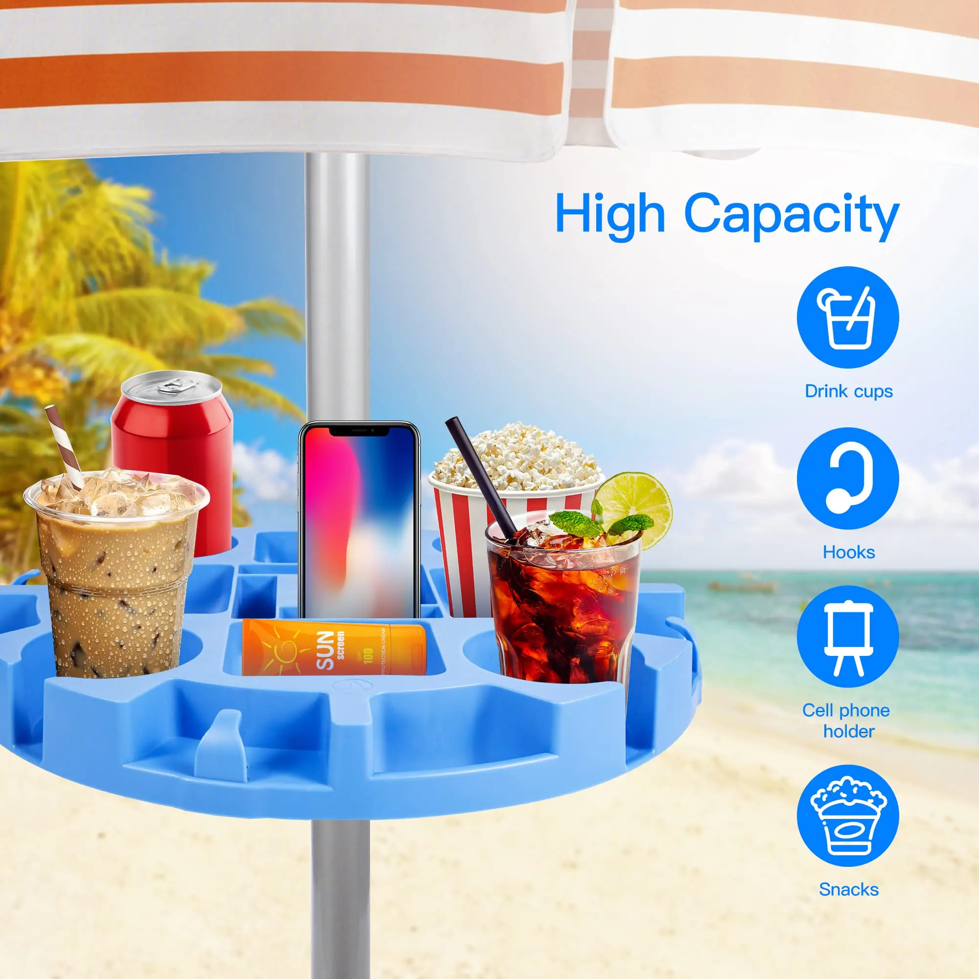 

17 Inch Beach Umbrella Table Tray Reusable Umbrella Table Cup Holders Beach Snack Compartments for Beach, Patio, Garden, Pool