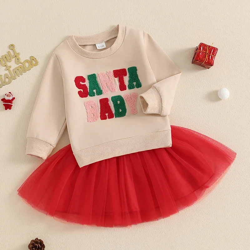 Baby Girls 2Pcs Christmas Outfits Long Sleeve Letter Embroidery Sweatshirt + Tulle Skirt Set Children\'s Clothing