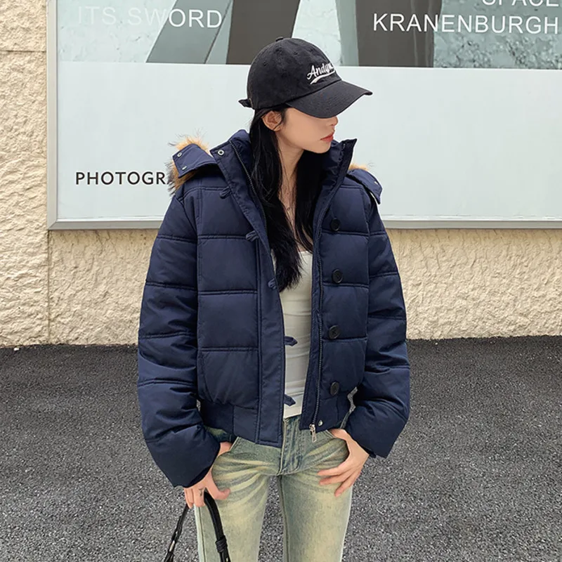 2025 Winter Fashion Fur Hooded Jacket Women Warm Thick Cotton Short Parka Coat Lady Padded Slim Parkas Cropped Bubble Outerwears