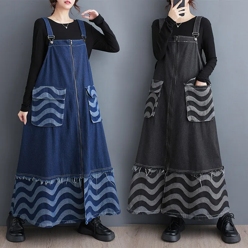 Korean Style New Choppy Print Woman Long Blue Denim Straps Large Pocket Dress Loose Fit Chic Stylish Big Size Vintage Jean Robe