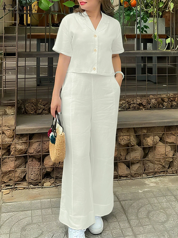 2025 ZANZEA الصيف بانت مجموعات موضة 2 قطعة ملابس النساء قصيرة الأكمام التلبيب قميص بنطلون الدعاوى عادية الصلبة العمل OL رياضية