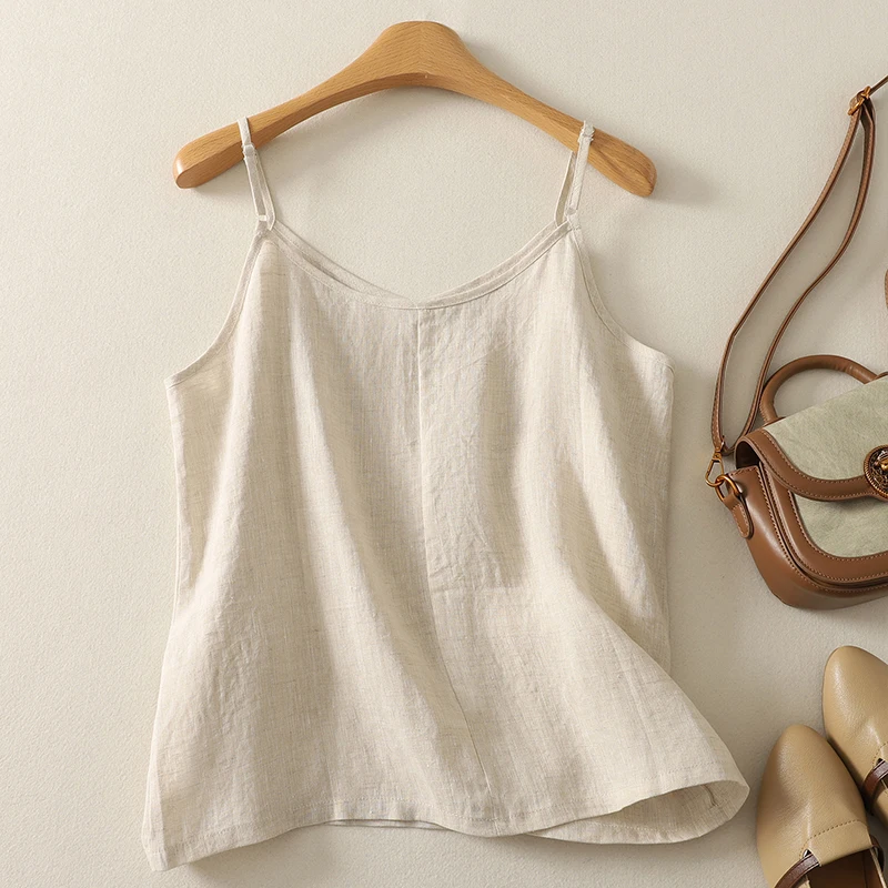 Adjustable Spaghetti Strap Cotton Linen Camisole Tank Top For Women V-neck Caramel Beige Sleeveless T-shirt Top Elegant Fashion