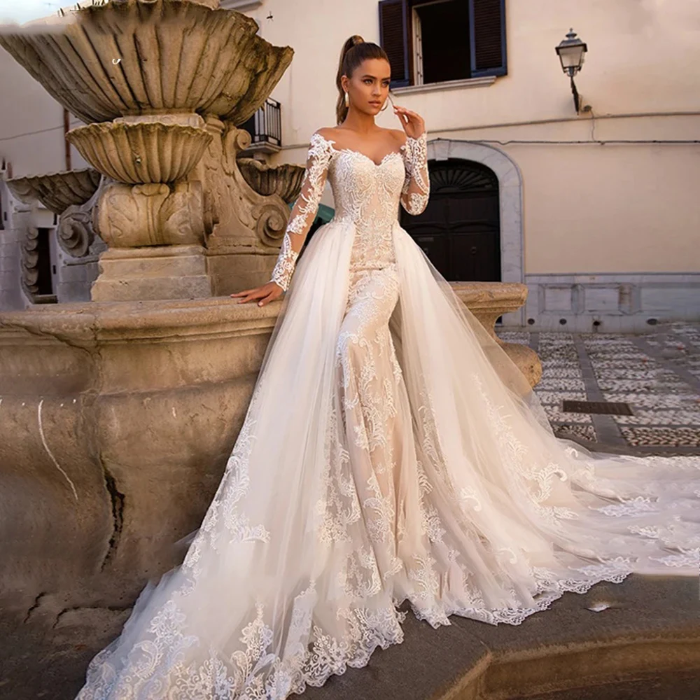 Vestido de novia de sirena de lujo, vestido de novia de tul de manga larga con cuello redondo personalizado, vestido de matrimonio de encaje desmontable 2024