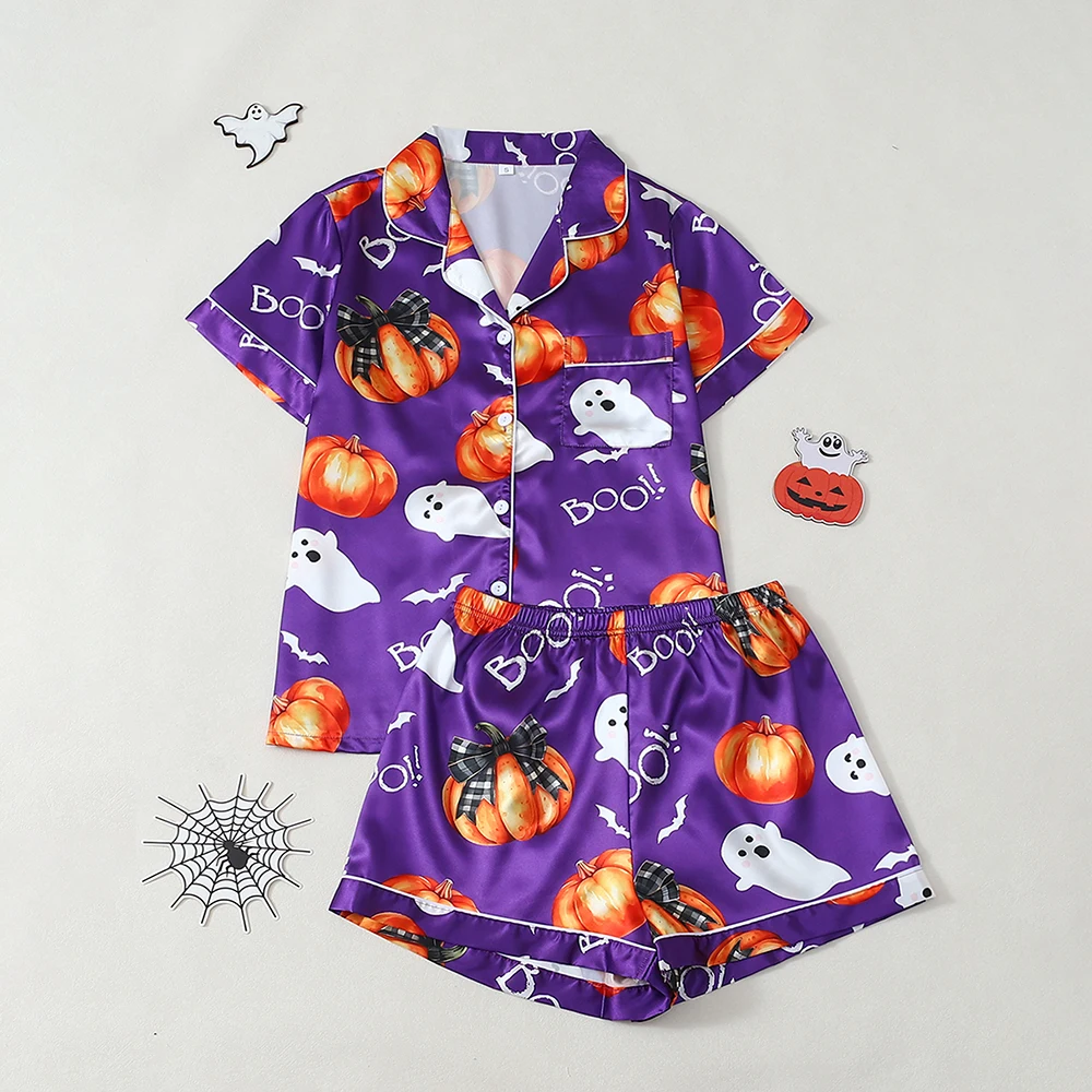 

2 шт., милый пижамный комплект с короткими рукавами и принтом тыквы, удобные шорты на пуговицах, одежда для отдыха, домашняя одежда для Хэллоуина для женщин
