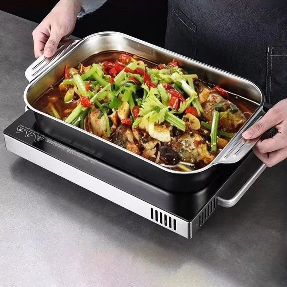 Large Capacity Stainless Steel Fish Deep Plate Both Gas and Induction Cooker BBQ Fried Beef Food Tray Seafood Dish Bbq Plate