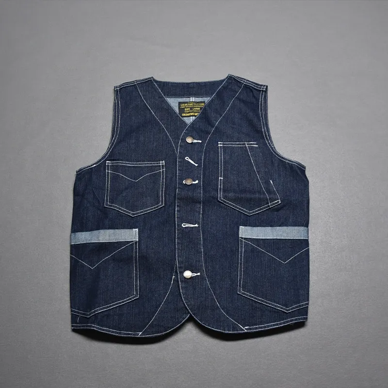 6402# Autumn and Winter New American Retro 12OZ Railroad Striped Work Vest Men's Amekaji 100% Cotton Washed Multi-pocket Jacket