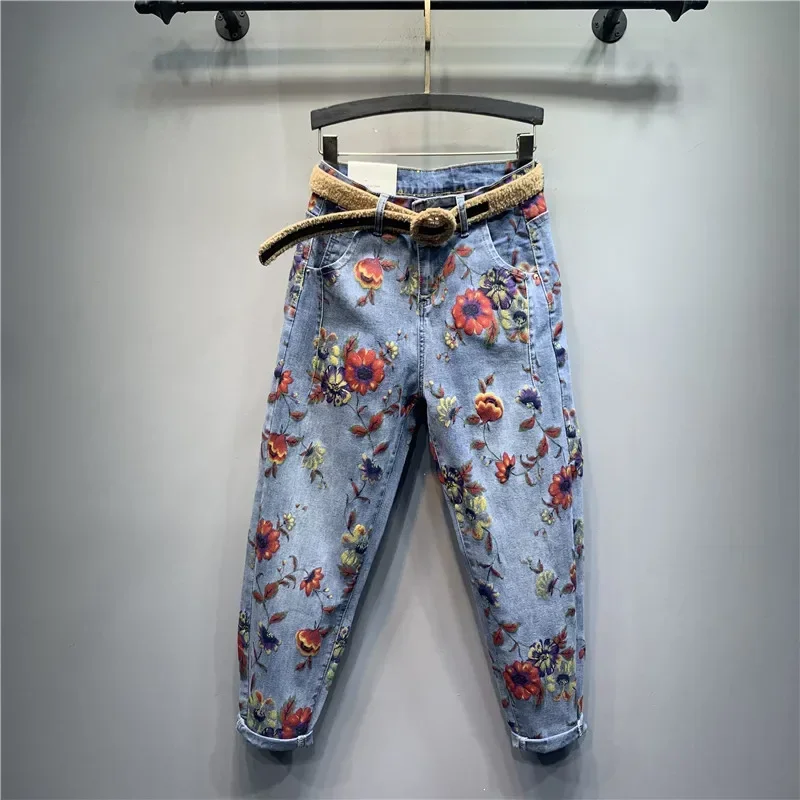 Flower Jeans Woman 2022 Spring New High-Waist Loose Harem Pants Personality Printed Denim Trousers Female Denim Pants Female