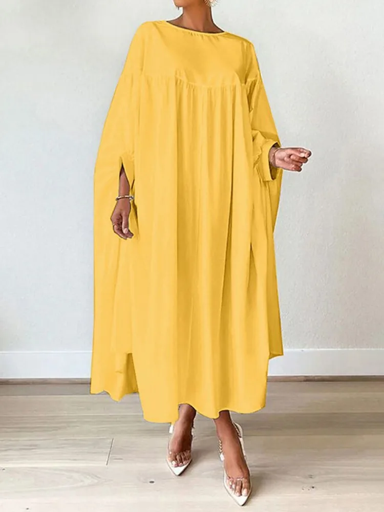 Freeacy Women\'s Solid Color Loose Wrap Dress Round Neck Batwing Sleeves Split-joint Pleated Maxi Dress Elegant Party Dresses