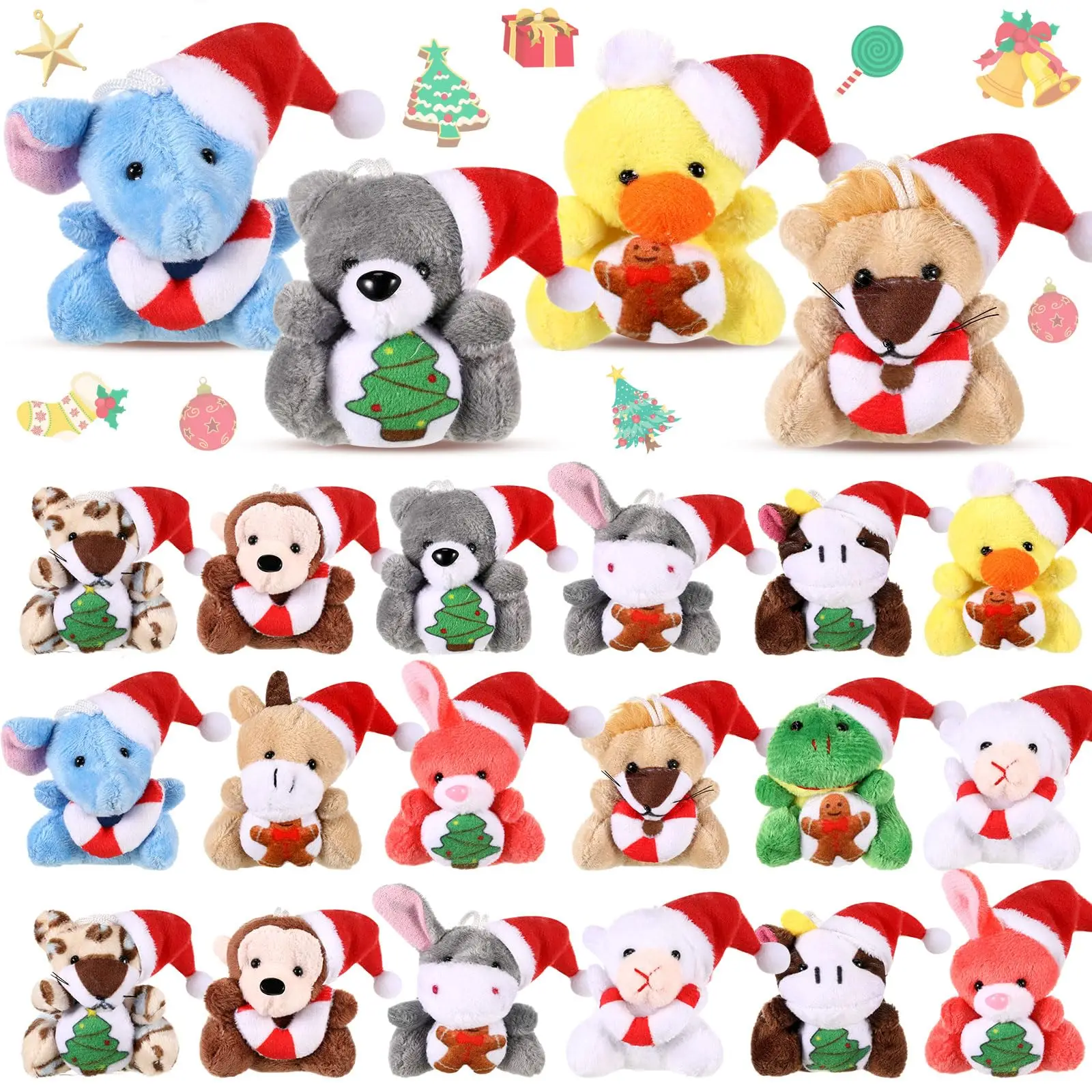 12-120 Pcs Mini Animal Plush Toys Christmas Stuffed Animal Bulk for Xmas Gifts Christmas Tree Plush Ornaments Goodie Bag Fillers