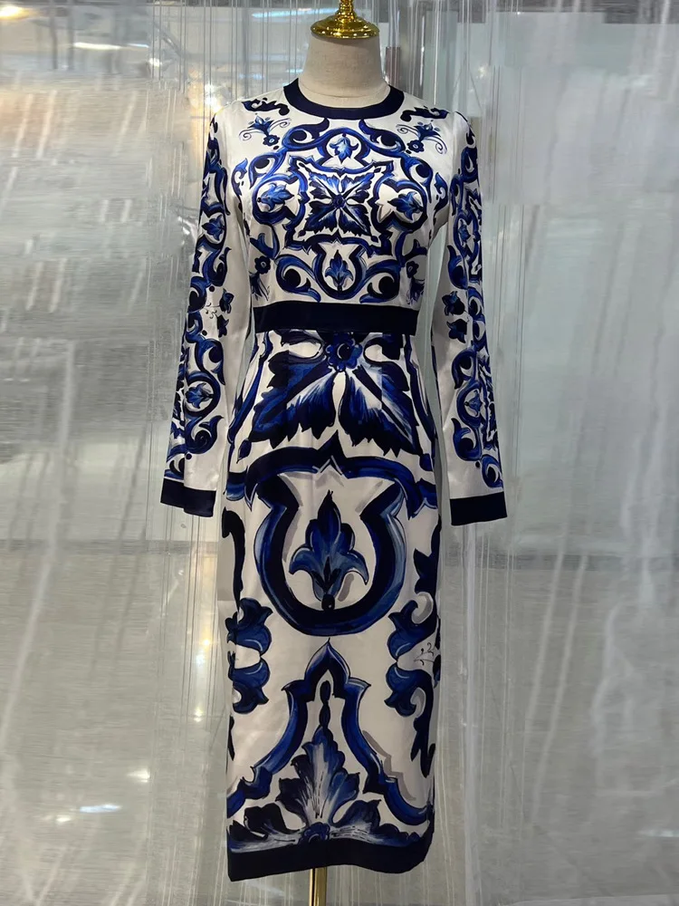 Luxury Designer Inspired High Quality Women Long Sleeve 100% Silk Blue And White Porcelain Print Midi Dress