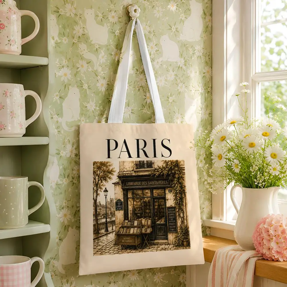 Vintage Paris Travel Stories Storage Bags Reusable Canvas Tote Large Capacity Shoulder Carry For Shopping Travel Work School