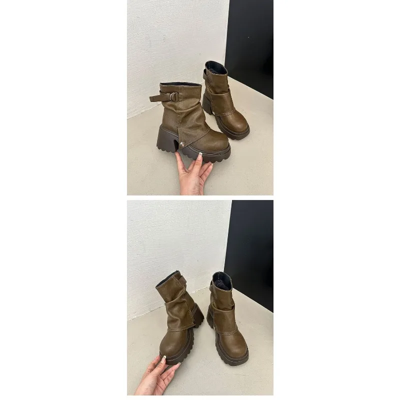 Women Vintage Folded Shaft Chunky Heel Ankle Boots Metal Buckle Platform Height Increasing Casual Boots