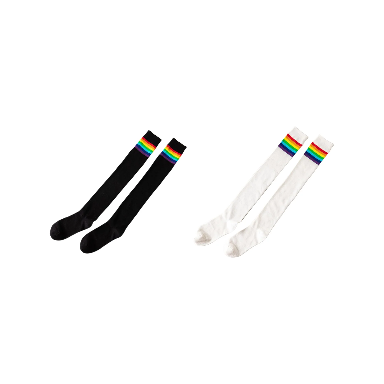 Preppy style long-tube fashionable striped rainbow over-the-knee socks black and white combination