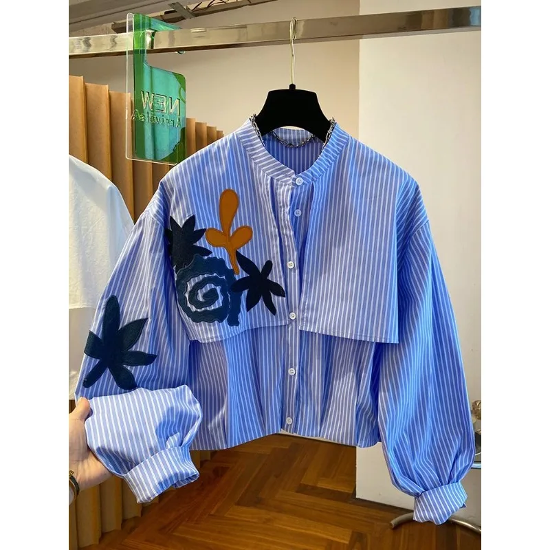 

SuperAen Embroidered White Shirt Women's Long Sleeves 2025 New Loose Design Niche Short Cotton Top Shirts