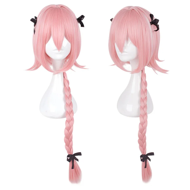 Anxin Brand Synthetic Wig: Pink Short Asymmetrical Hair with Bangs + Single Long Braid Style, Decorated with a Black Bow, Smooth and Soft Texture, Natural Feel; Made of High-Quality Synthetic Material, Comfortable to Wear and Easy to Manage; a Fashionable Item Suitable for Adult Women's Cosplay Character Recreation, Lolita Style Outfits, and Themed Party Sweet and Cool Dressing