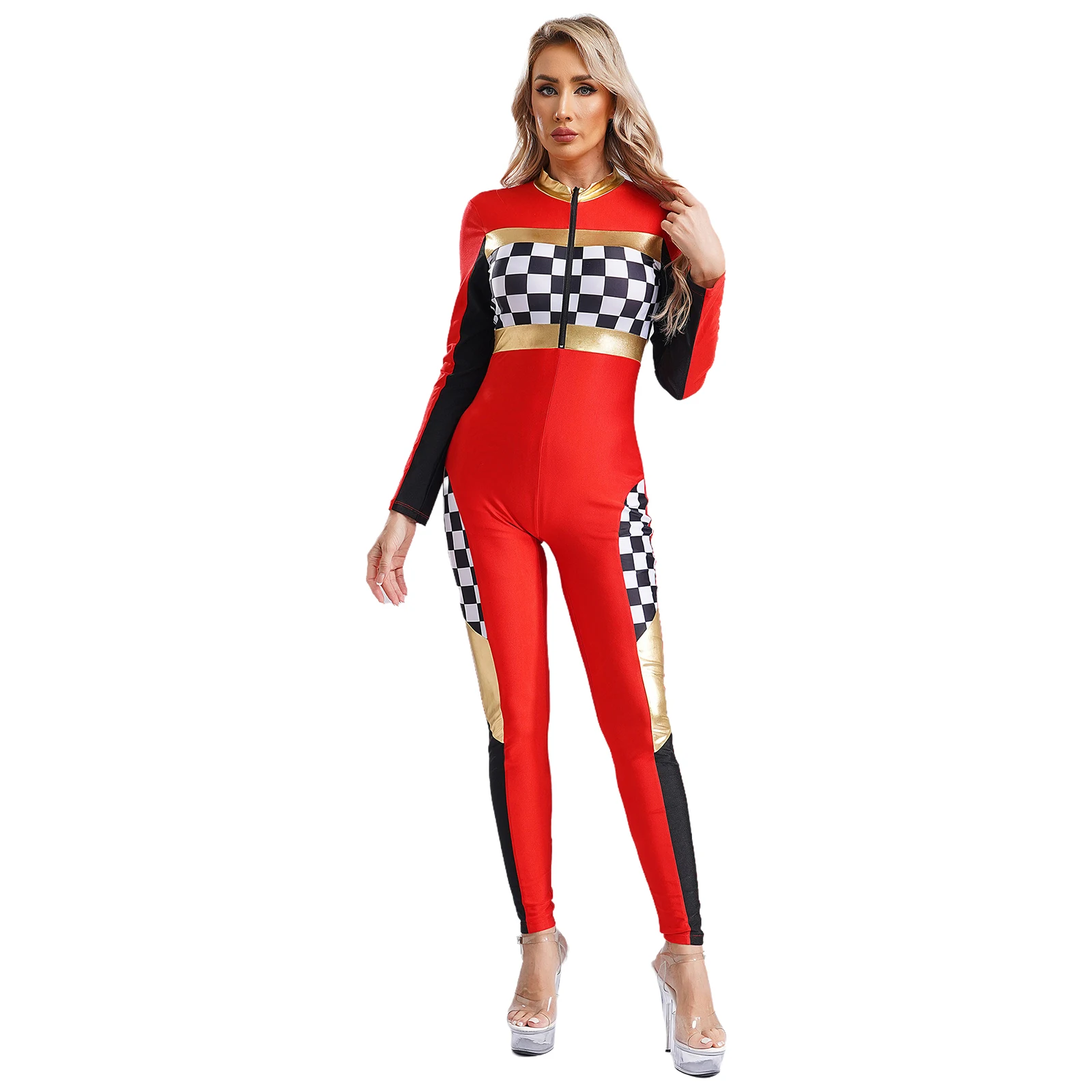 Womens Sexy Checkerboard Racing Cheerleading Uniform Jumpsuit Long Pants Plaid Rompers Racer Driver Cosplay Bodysuit Costumes