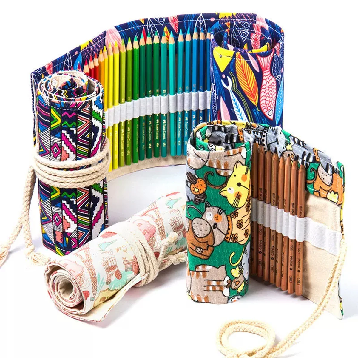 Handmade Canvas Pen Curtain 12/24 Holes Kawaii Pencil Bag Student Colored Pencil Brush Stationery Storage Bag Cosmetic Bag