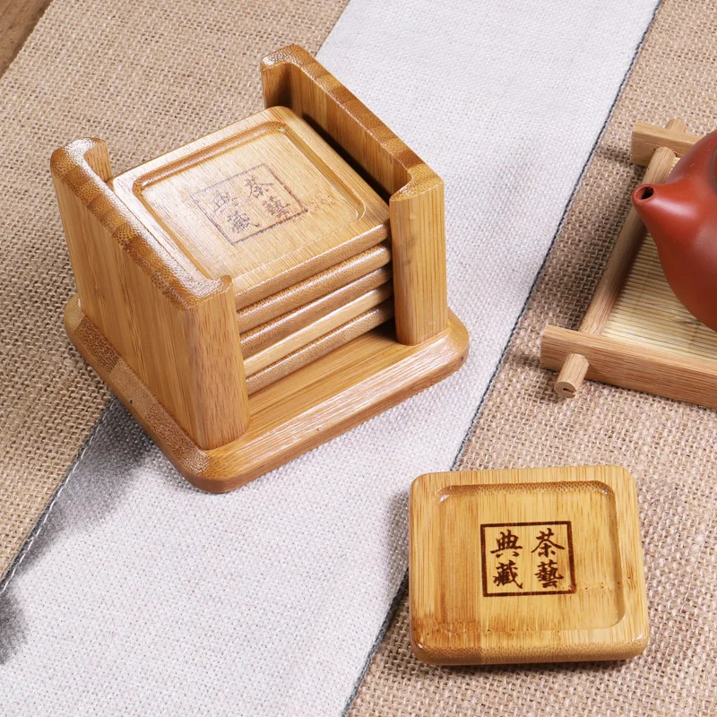 Bamboo round cup holder set with cup cushion,  insulation pad, square  cushion, tea ceremony accessories