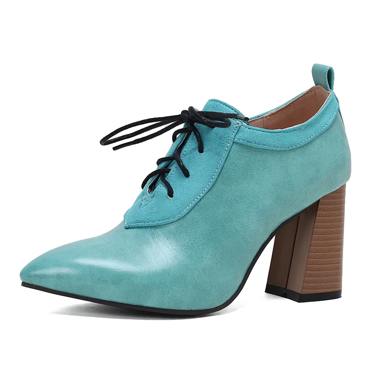 Peacock Blue Green Red White Pumps for Women 2024 New Pointy Toe Cross Tied Lace Up Block High Heels Office Oxfords Shoes 34-50