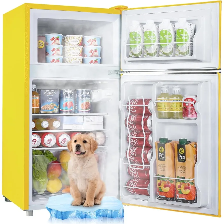 Refrigerador retro de 3,5 pies cúbicos con congelador superior de 2 puertas y manijas dobles Control de termostato ajustable de 7 niveles Mini refrigerador compacto