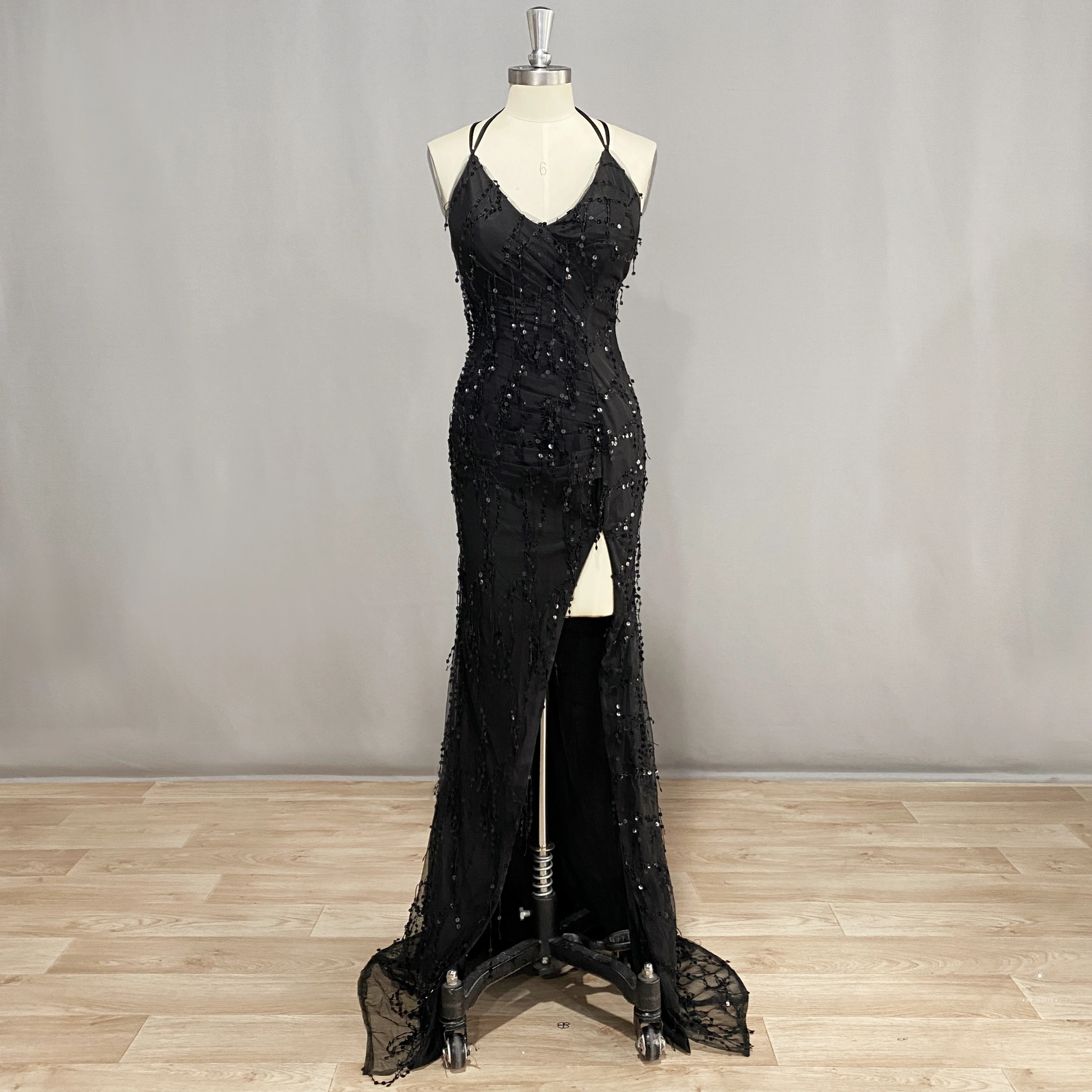 DIDEYTTAWL V Neck Black Sleeveless Mermaid Prom Dress High Side Slit Backless Sexy Evening Party Gown Sequin