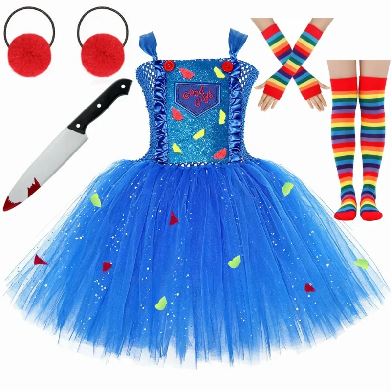Horror Ghost Doll Shimmer Tulle Tutu Gown Classic Movie Villain Cosplay Outfit for Halloween Carnival Spooky Theme Party Prop