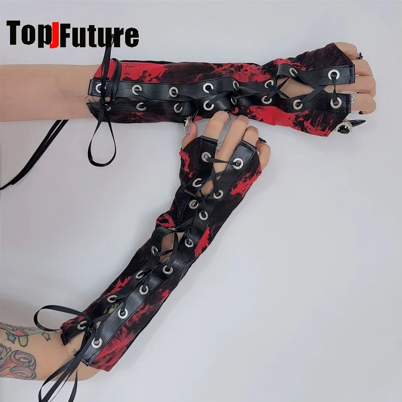 Women Gothic Y2K Spicy Girl Subculture Rock Punk Tie Dye Ribbon Decor Leather Trim Wrist Cuffs Alternative Street Arm Sleeves