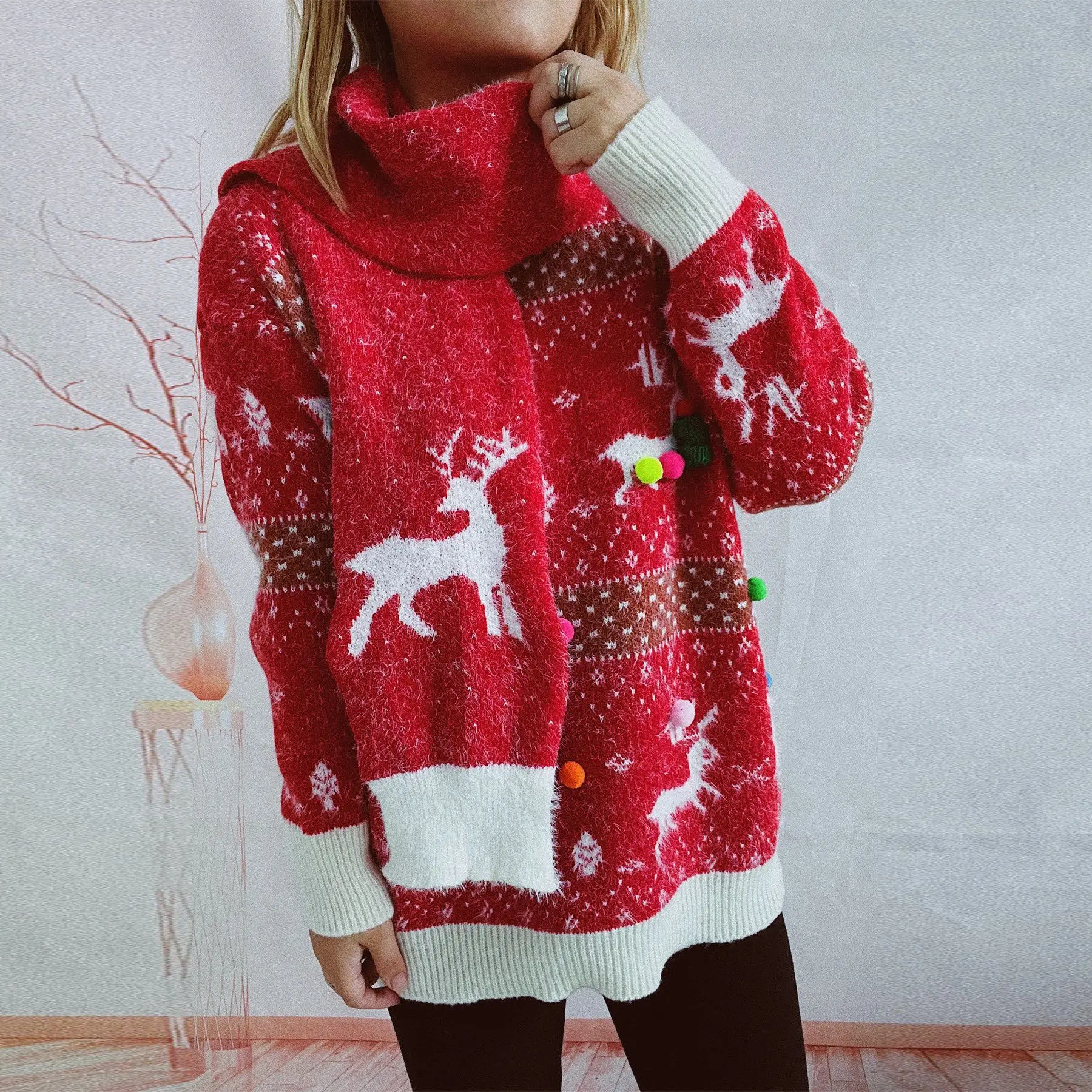 

2023 Autumn/Winter Knitted Mink Deer Snowflake Jacquard Ball Christmas Sweater Scarf Two Piece Set