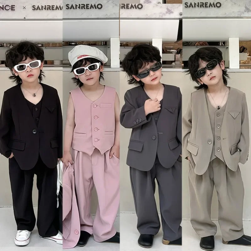 Suit for Kids Boys Autumn 2024 Blazer Vest Trousers 3pcs Girls Costume Trendy Cool School Infants 2-13 Years Teenage Clothes Set