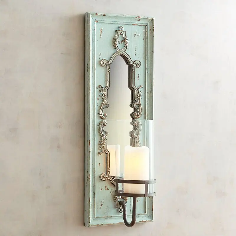 Bohemia Light Green Wooden Wall Sconce Lamp With Mirror Noble Elegant Wall Mounted Lighting Bracket In Bedside Foyer Hallway
