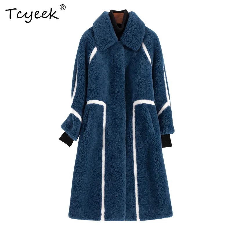 Tcyeek couche supérieure en peau de mouton automne hiver fourrure haut de gamme intégré col carré longueur moyenne femmes manteau de fourrure Fourrures Femme