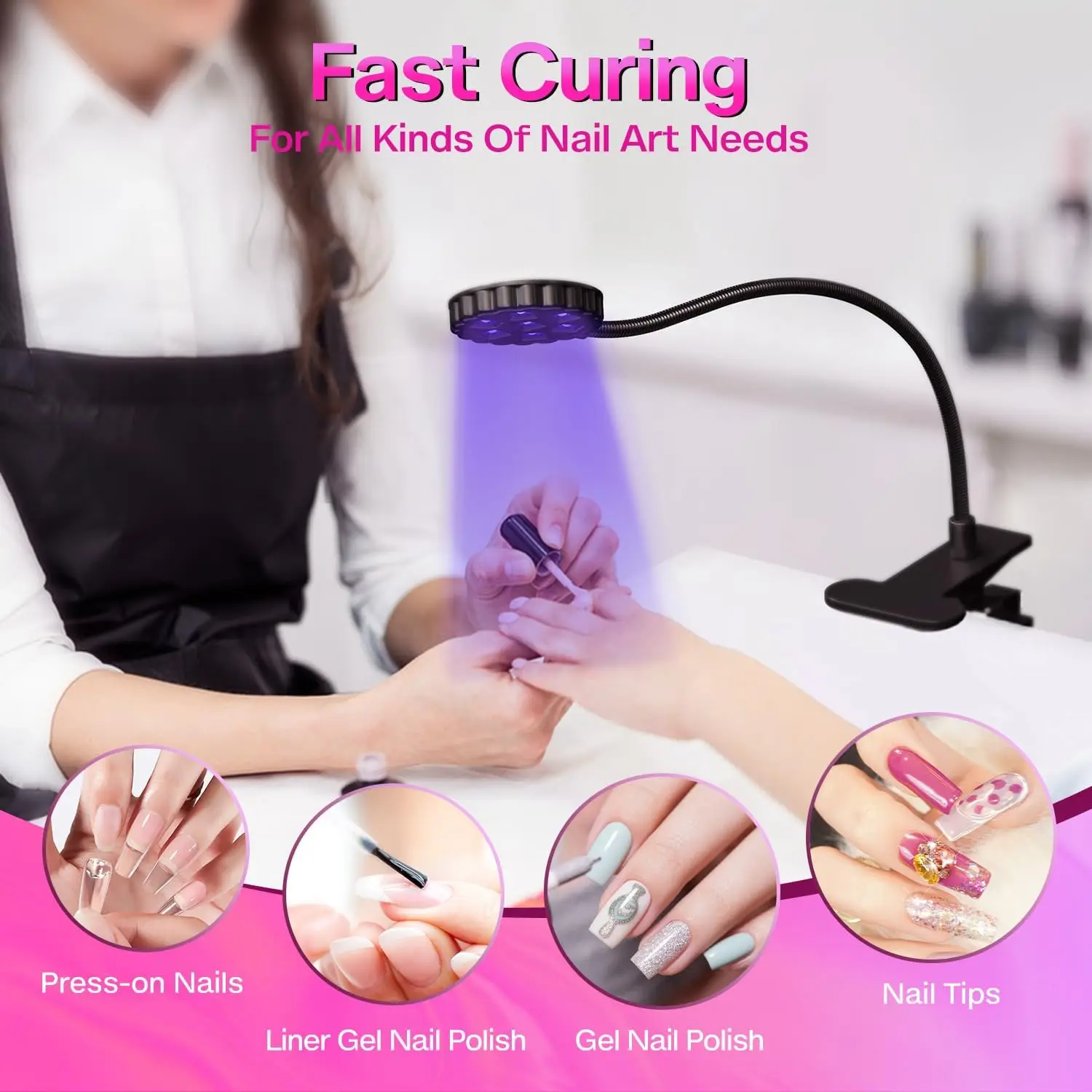 UV LED Nail Lamp with Clamp, 6W Flexible Gooseneck USB Gel Nail Dryer for Salon or Desk Manicure