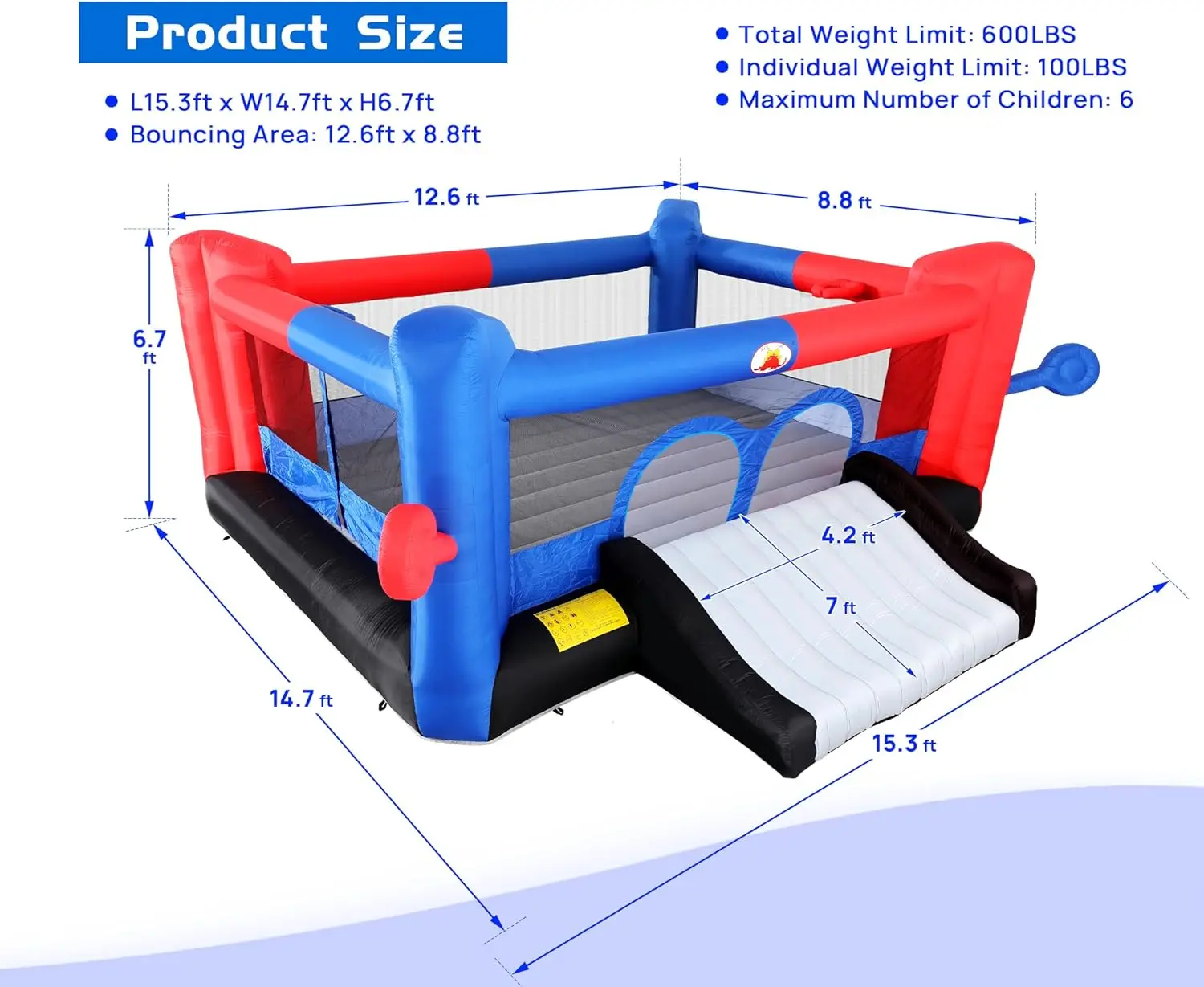 Maison gonflable de rebond avec toboggan, 15,3 pieds x 14,7 pieds, château sautant avec souffleur, fléchettes, double panier de basket-ball, double coup de pied B