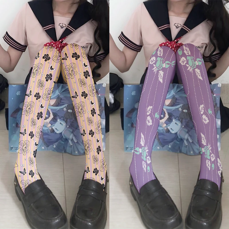 The new sweet and cute Loli JK with stockings fashion girl stockings 3d printing pink purple flower gradient stockings girl gift