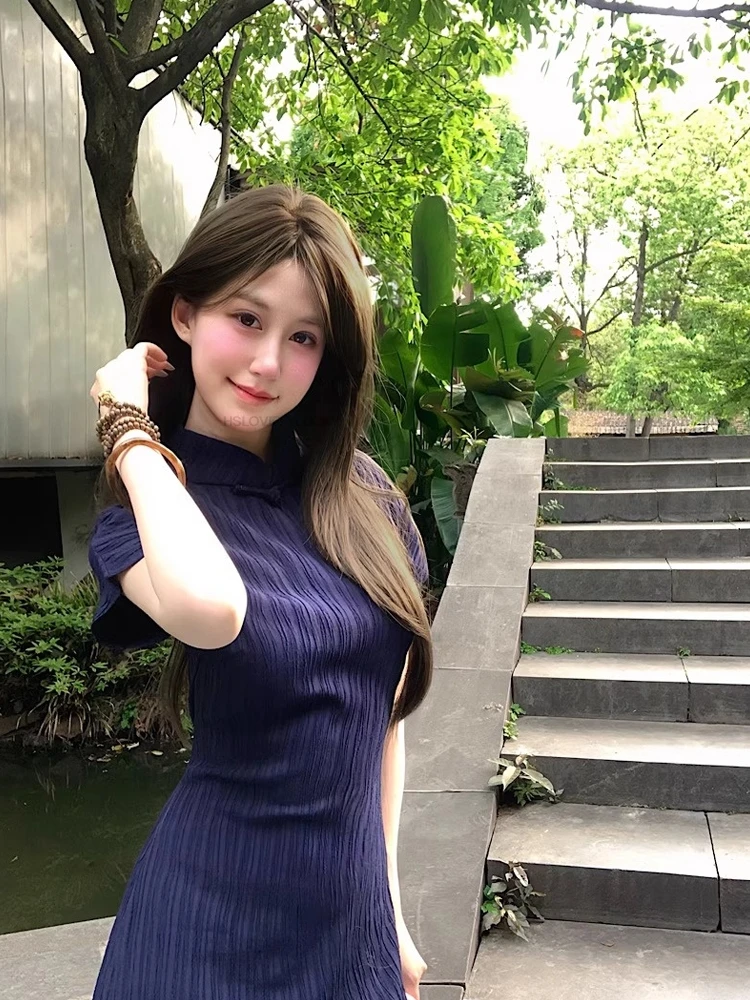 فستان صيني نحيف للربيع والصيف شيونغسام بدون أكمام تشيباو يوميًا بأكمام قصيرة رداء تشيباو تشينويز فيستدو زن فستان شاي