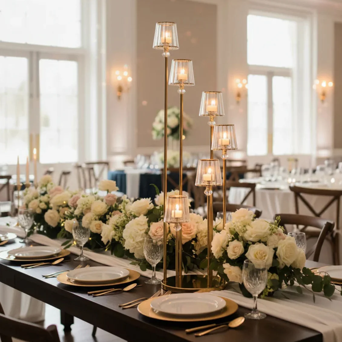5pcs Crystal Pendant 6-Arm Cluster Candelabra Candle Holder Gold Metal Candle Stand for Wedding Party Stage