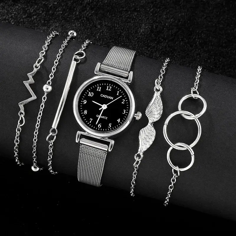 Clock Set Mesh Quartz Femme Women Dress Silvery Set Watches