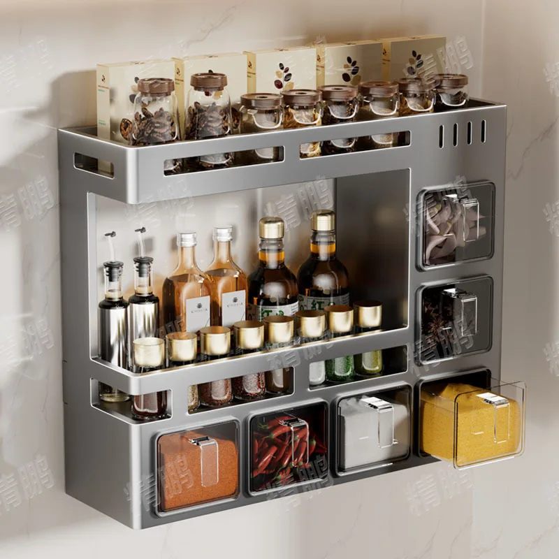 Estante de especias de cocina sin taladro, organizador de almacenamiento multifuncional montado en la pared para condimentos de vinagre, sal de aceite, salsa de soja